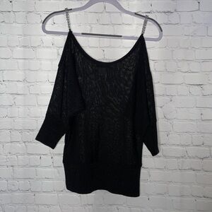 Black Shimmer Cold Shoulder Blouse with Silver Chain Shoulder Straps